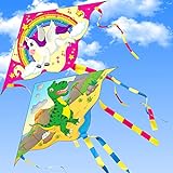 Yetech Kites for children, 2 pack, Dinosaur kite and Unicorn kite, Easy Fly Kites for Beginner, 110 * 55cm, Great Beach Games Outdoor Activities for Kids, 80m String and Swivel included
