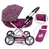 Bayer Design 12737AA Pram Cosy, Baby Doll Stroller, Pushchair for Toddlers, Foldable, incl. Bag and Blanket, Modern, Plum, Rose with Hearts and Unicorn