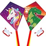 Diamond Kite 2 Pack, Dinasour + Unicorn Eddy Kite, Single Line Kite for Children, Wonderful Beginner Kite for 3 years up, 60x70cm with 2x300cm long tails, Kite handle, 60m String and swivel included.